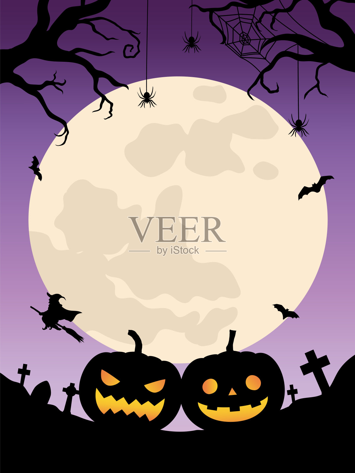 万圣节背景南瓜灯有女巫和月亮插画图片素材