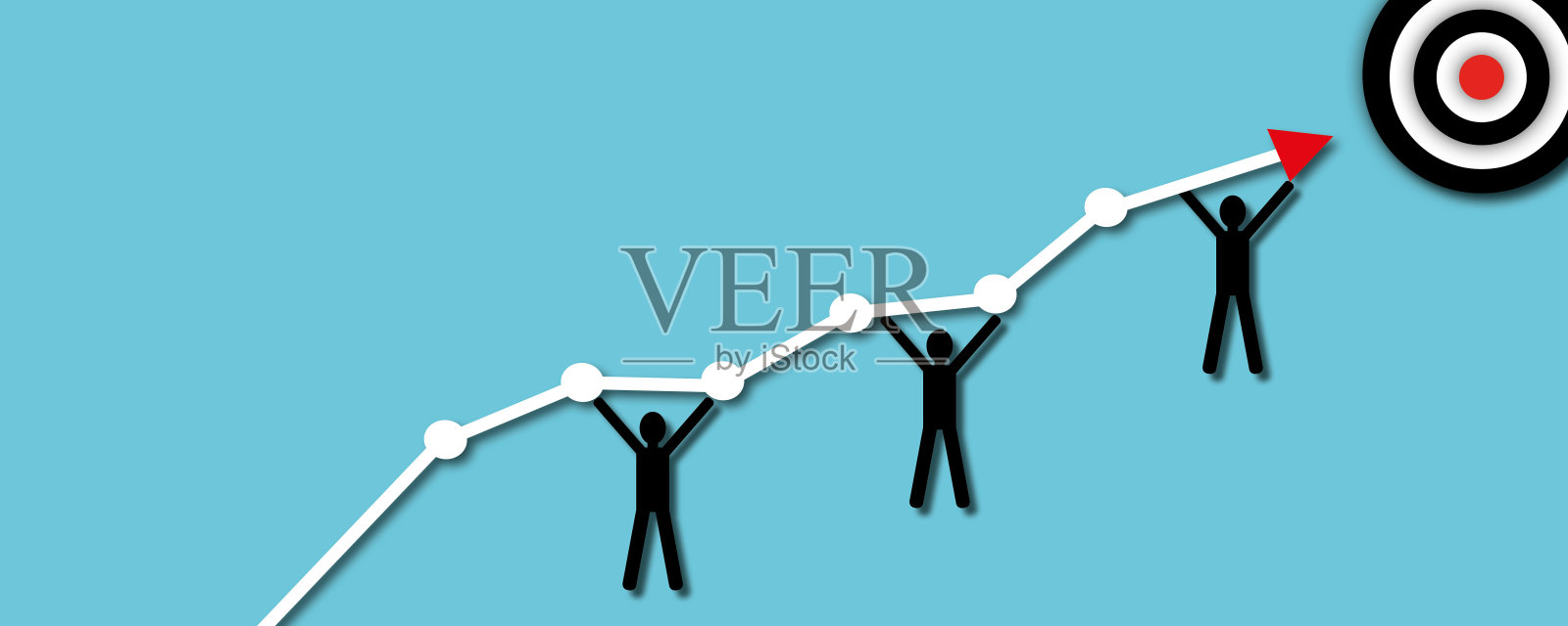 一群人在蓝色背景的目标中心举起箭头,象征着有效的团队合作。插画图片素材