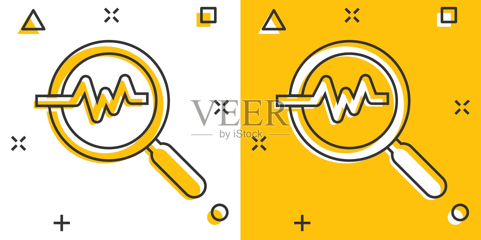 矢量卡通放大镜图标漫画风格。罗普分析符号说明象形图。放大镜业务飞溅效果概念。插画图片素材