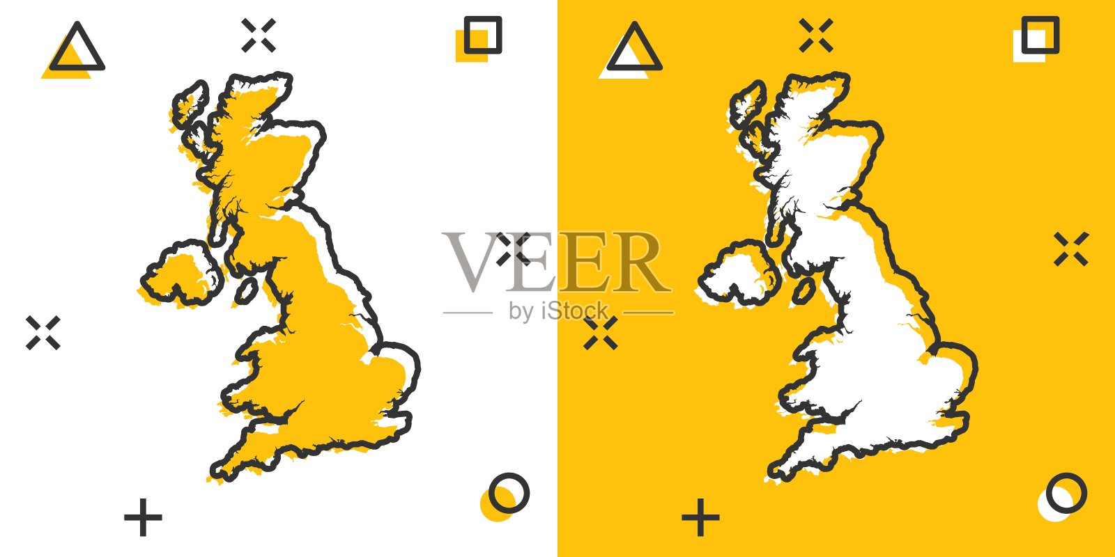 矢量卡通大不列颠地图图标漫画风格。英国标志插图象形文字。地图学地图业务的飞溅效应概念。插画图片素材