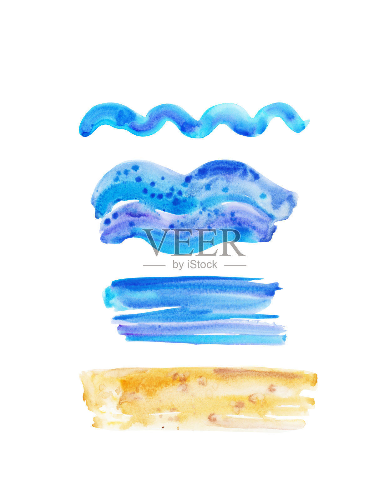 手绘水彩画海洋水下动物集。孩子们画鲸鱼,鱼,波浪,大海和沙子的纹理插画图片素材