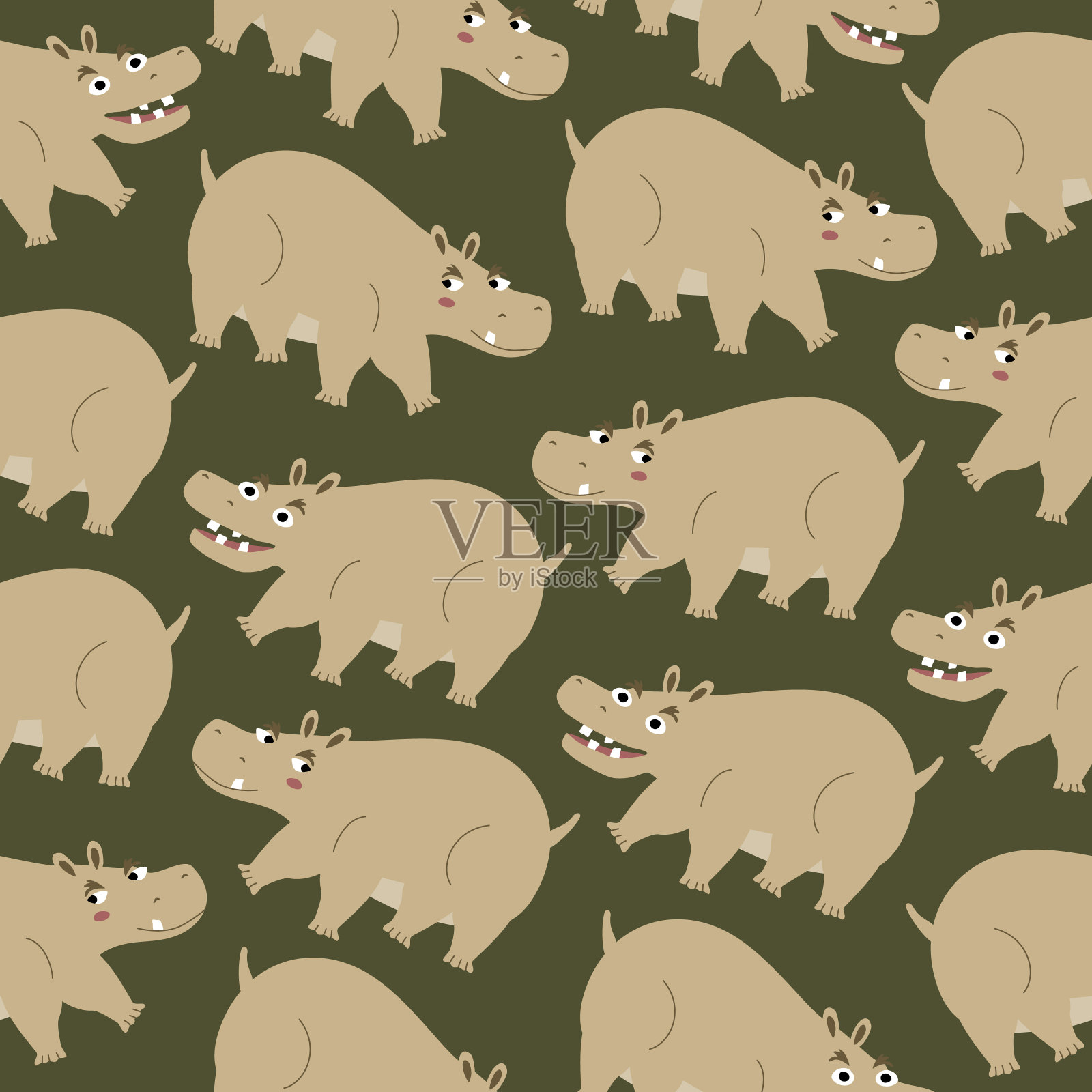 可爱又诡异的河马,眼睛滑稽。狩猎动物手绘矢量插图。可爱的宝宝的性格。非洲河马无缝模式。插画图片素材