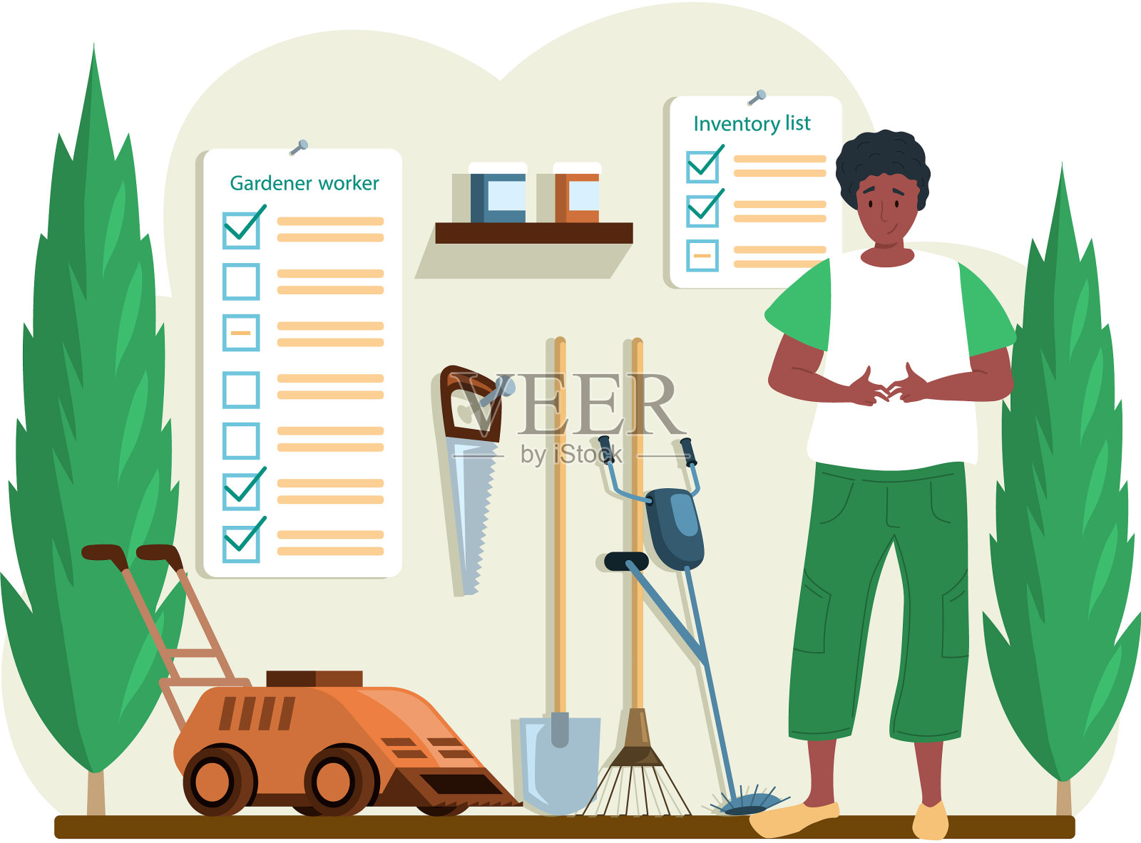 年轻的男园丁站在谷仓里插画图片素材