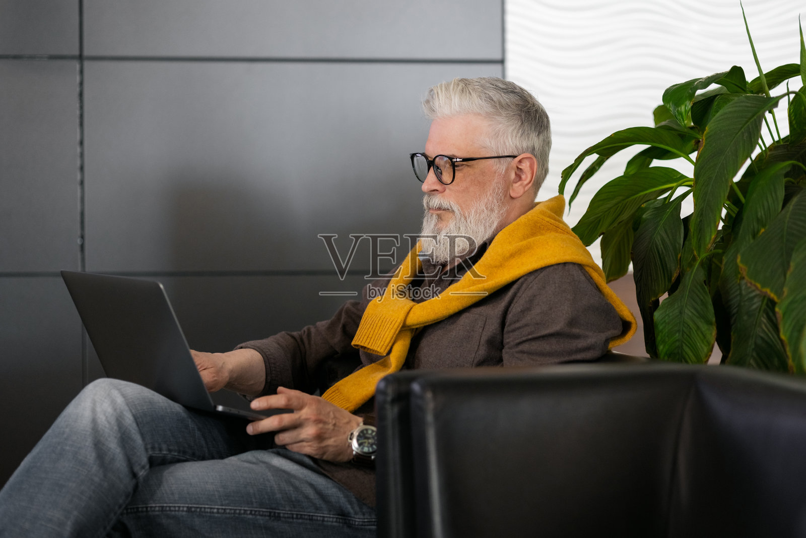 50岁,头发花白的帅哥,在笔记本电脑前工作,或者通过视频会议在线聊天照片摄影图片