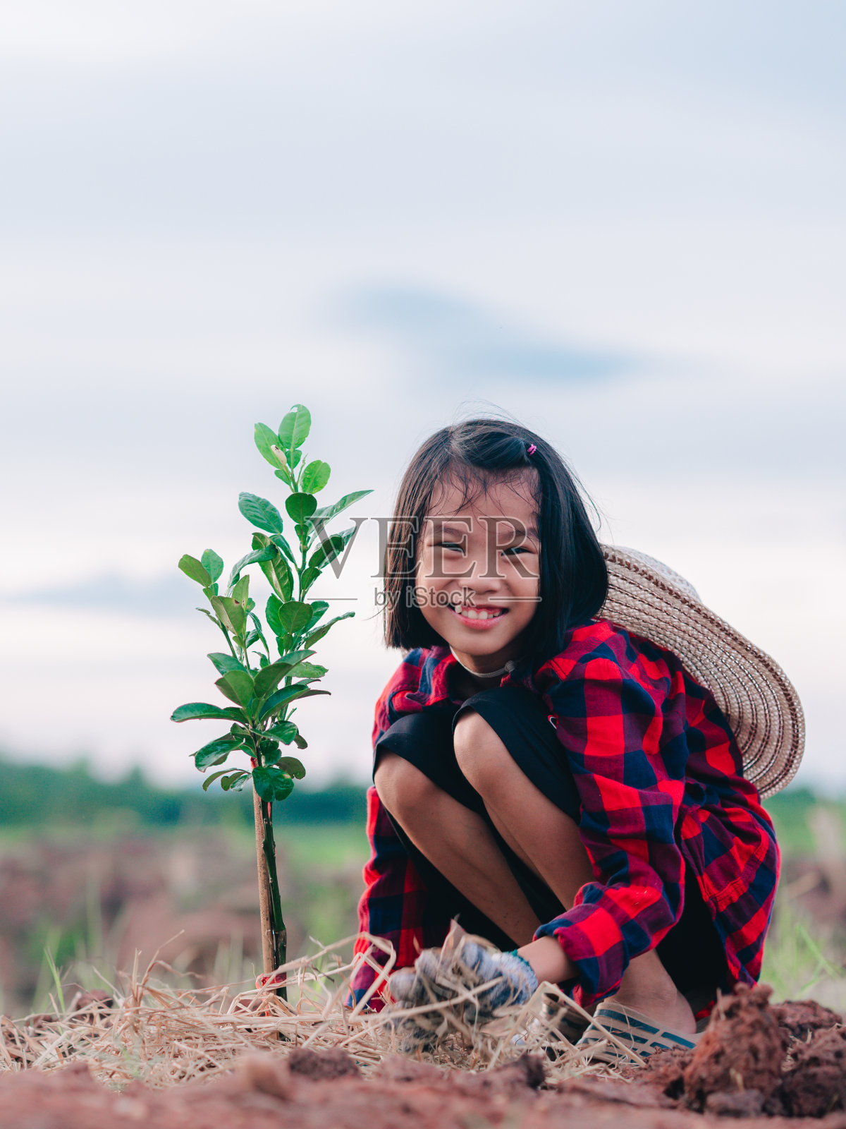 农村的孩子们在花园里种树照片摄影图片