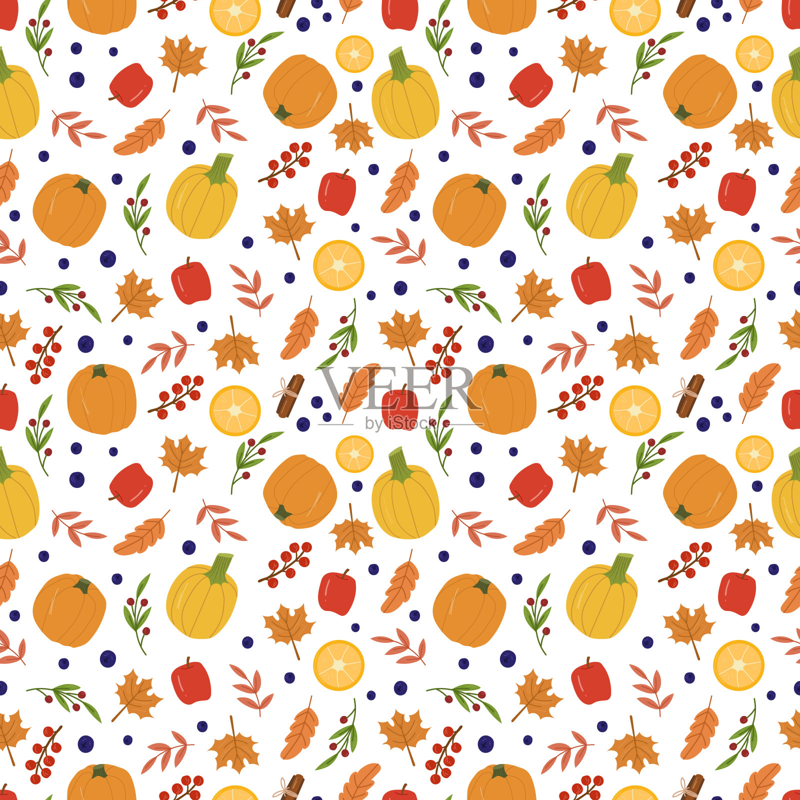 南瓜,苹果,柠檬,浆果和树叶的秋天舒适的无缝模式。可爱的背景纺织品,包装纸。插画图片素材