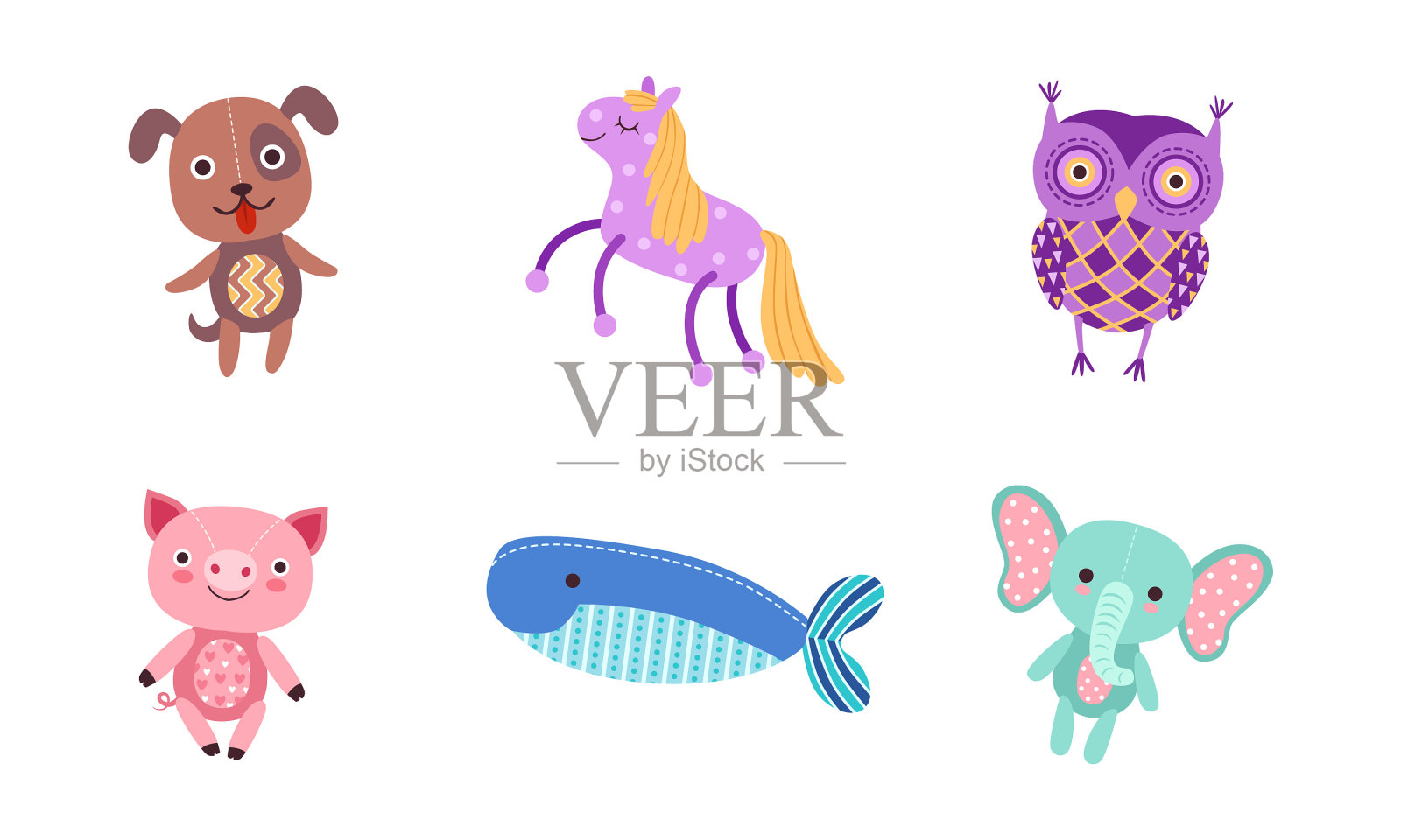 孩子们的软玩具集狗,马,猫头鹰,小猪,鲸鱼插画图片素材