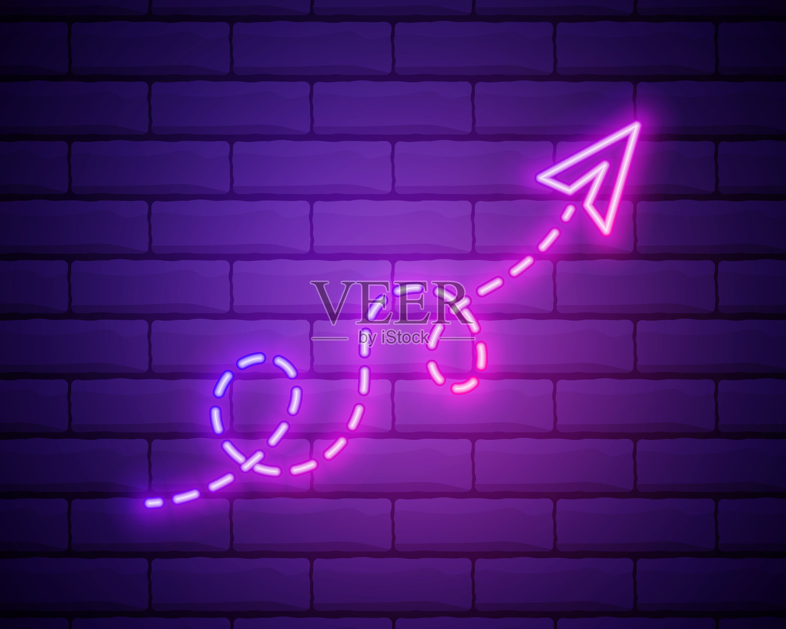 纸飞机与道路霓虹灯标志。明亮的纸飞机。夜晚明亮的广告。矢量插图霓虹灯风格的旅行和度假孤立在砖墙。插画图片素材