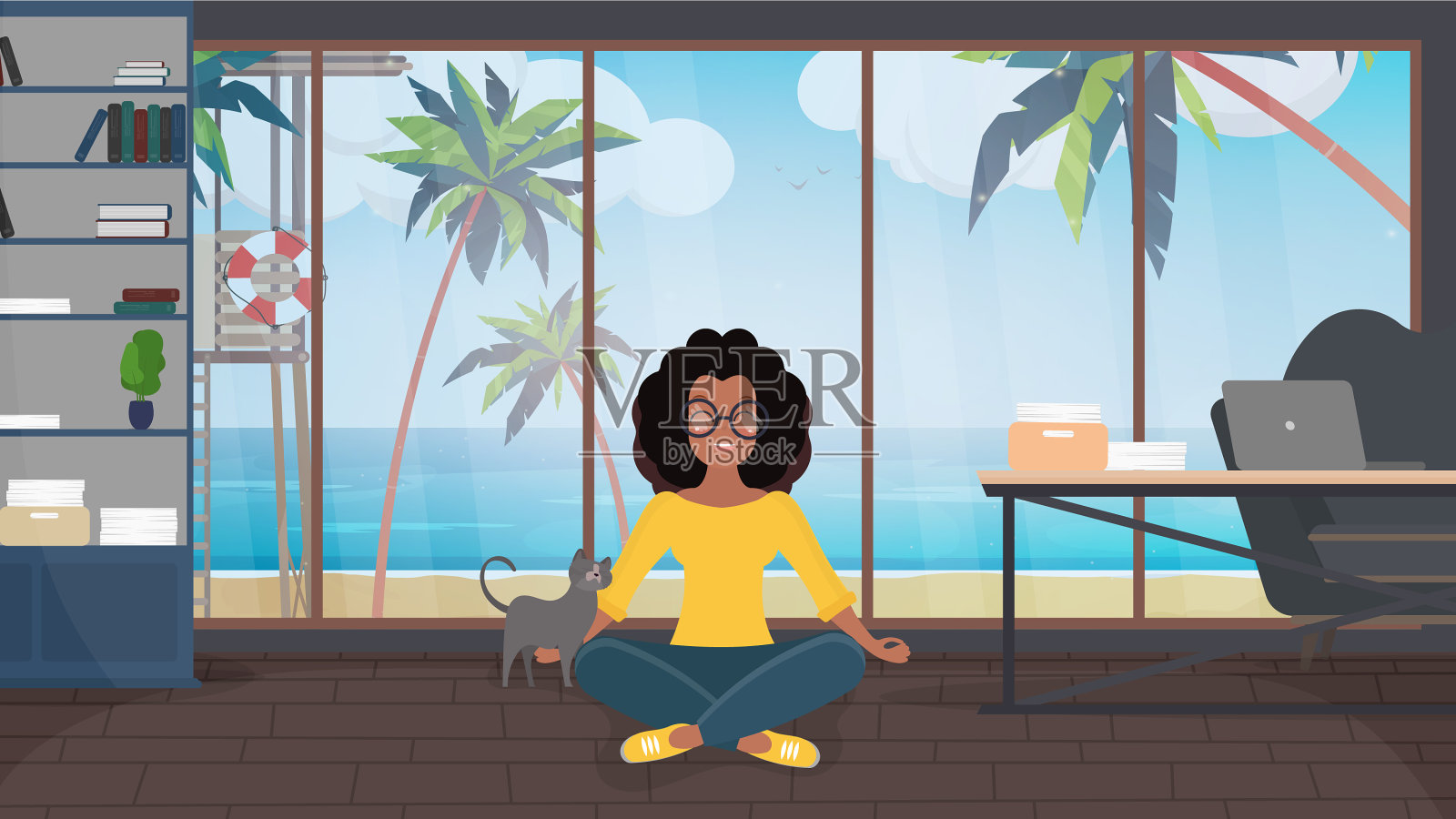 女孩在一个大房间里冥想插画图片素材