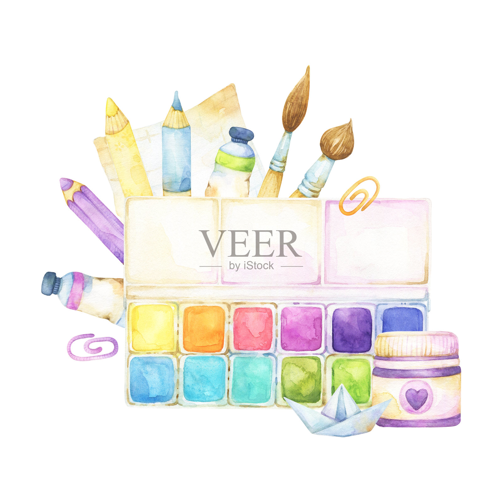 预先制作的设计与水彩剪纸孤立在白色的背景包括艺术和工艺学校用品,如调色板,油漆管,刷子,铅笔,钢笔,在黄色,紫色,绿色插画图片素材
