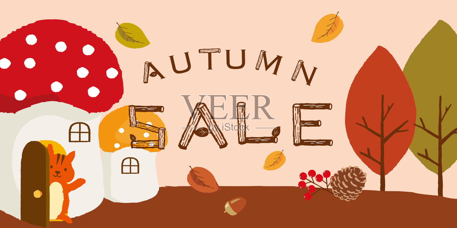 秋天森林里的松鼠和蘑菇屋。秋季销售海报。设计元素图片