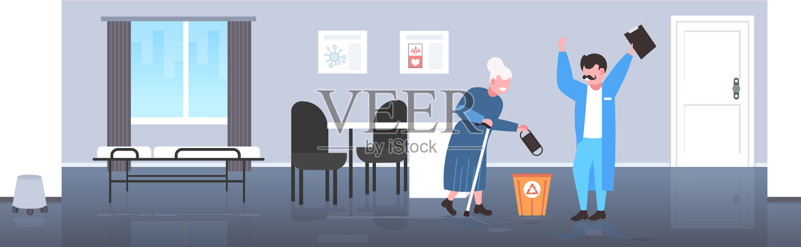 老病人扔掉口罩战胜插画图片素材