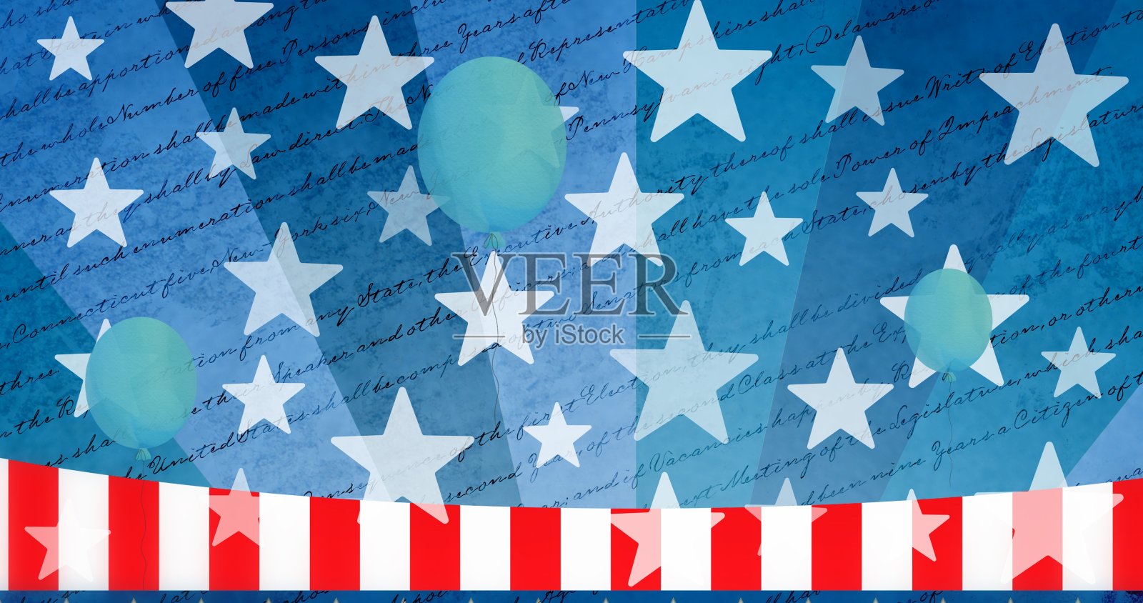 由蓝色气球和星星组成的文字和美国国旗的星星和条纹照片摄影图片