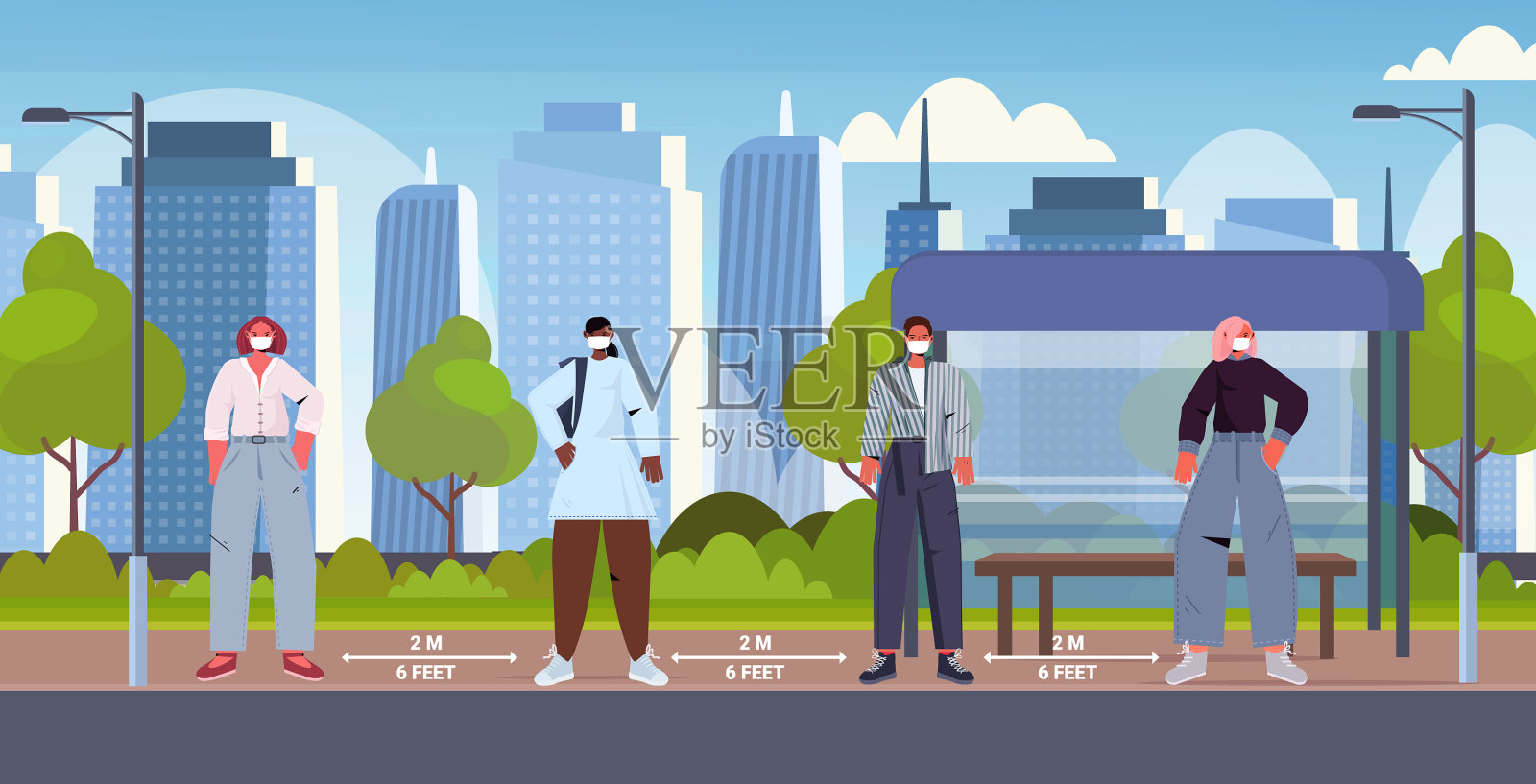 戴着防护口罩的人们在讨论插画图片素材