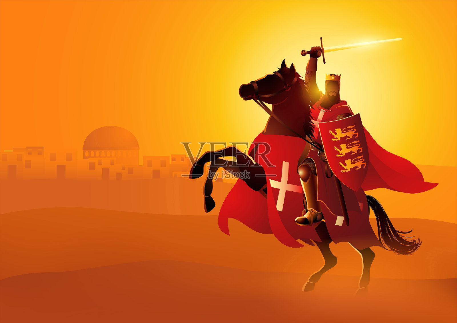 狮心王理查手持长剑和盾牌骑马插画图片素材