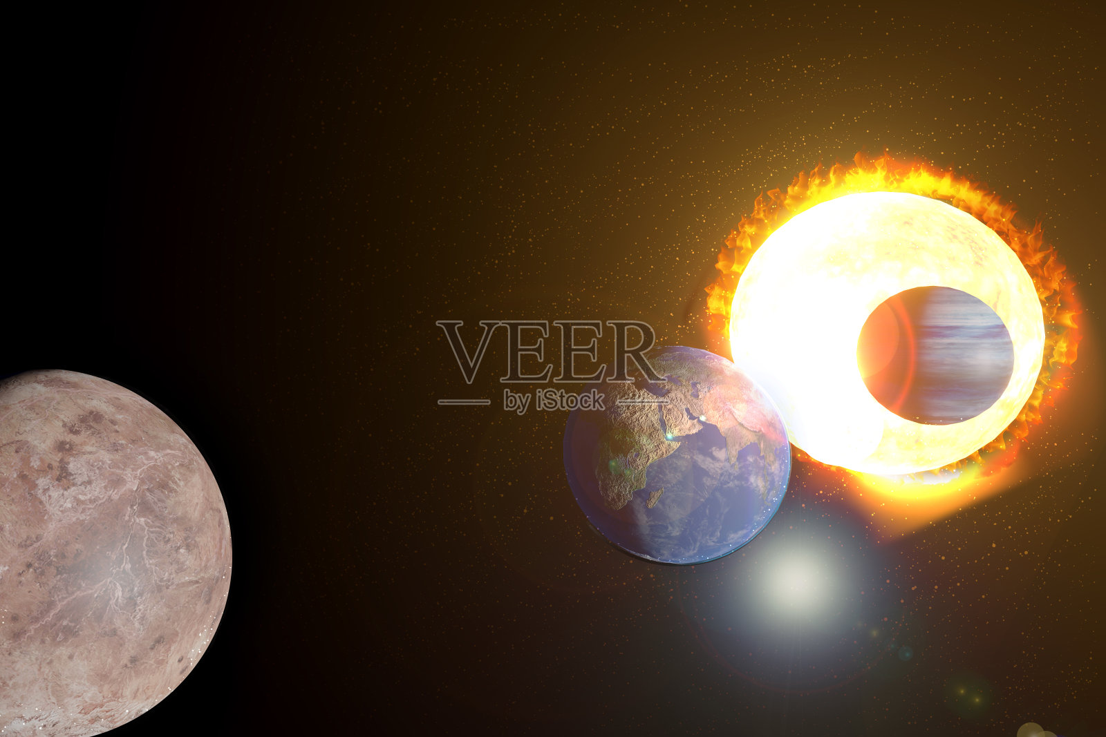 在计算机行星系统中创建的真实的三维环境,恒星太阳,金星地球与月球轨道和火星照片摄影图片