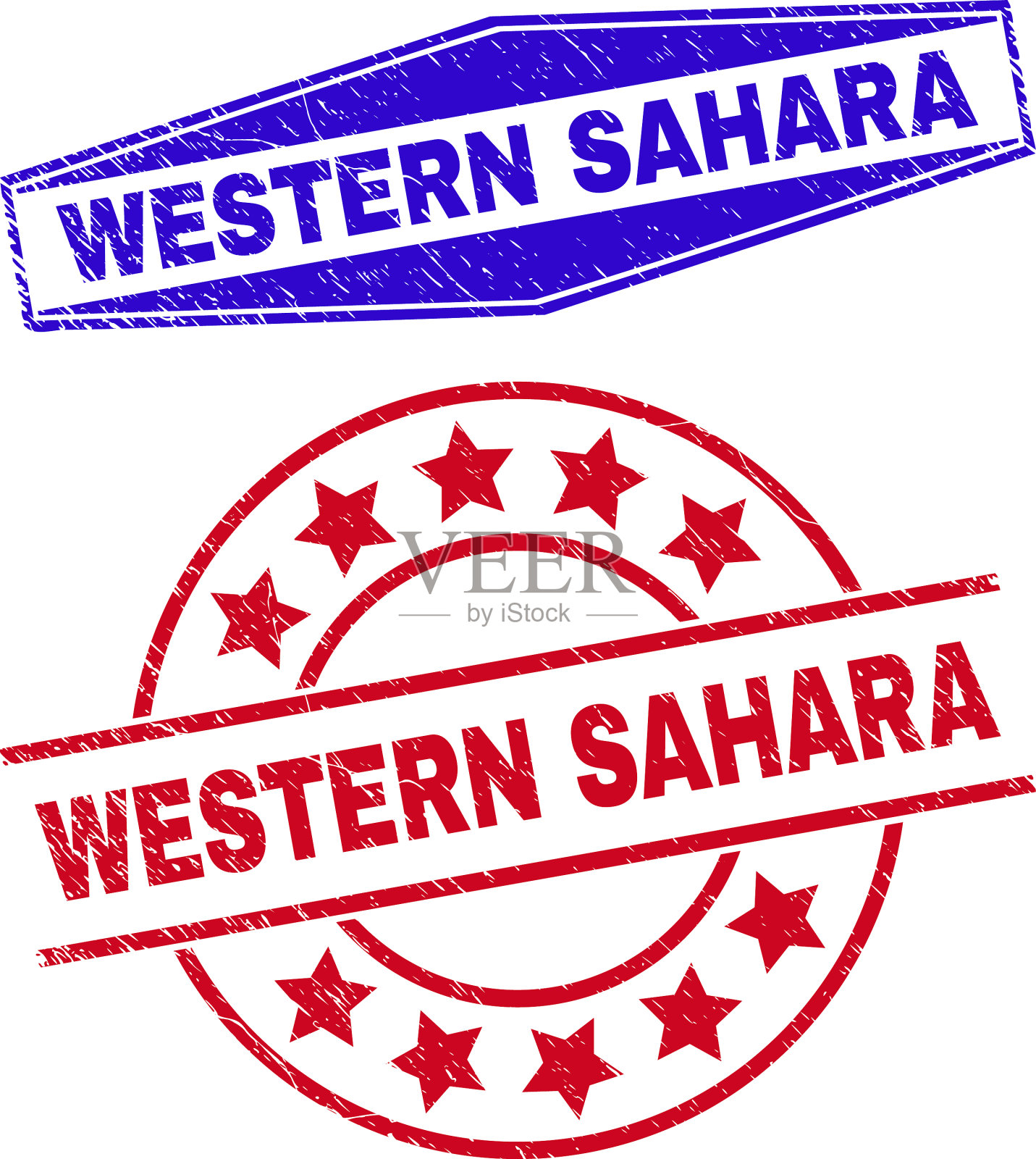 西撒哈拉圆形和六角形的脏邮票插画图片素材