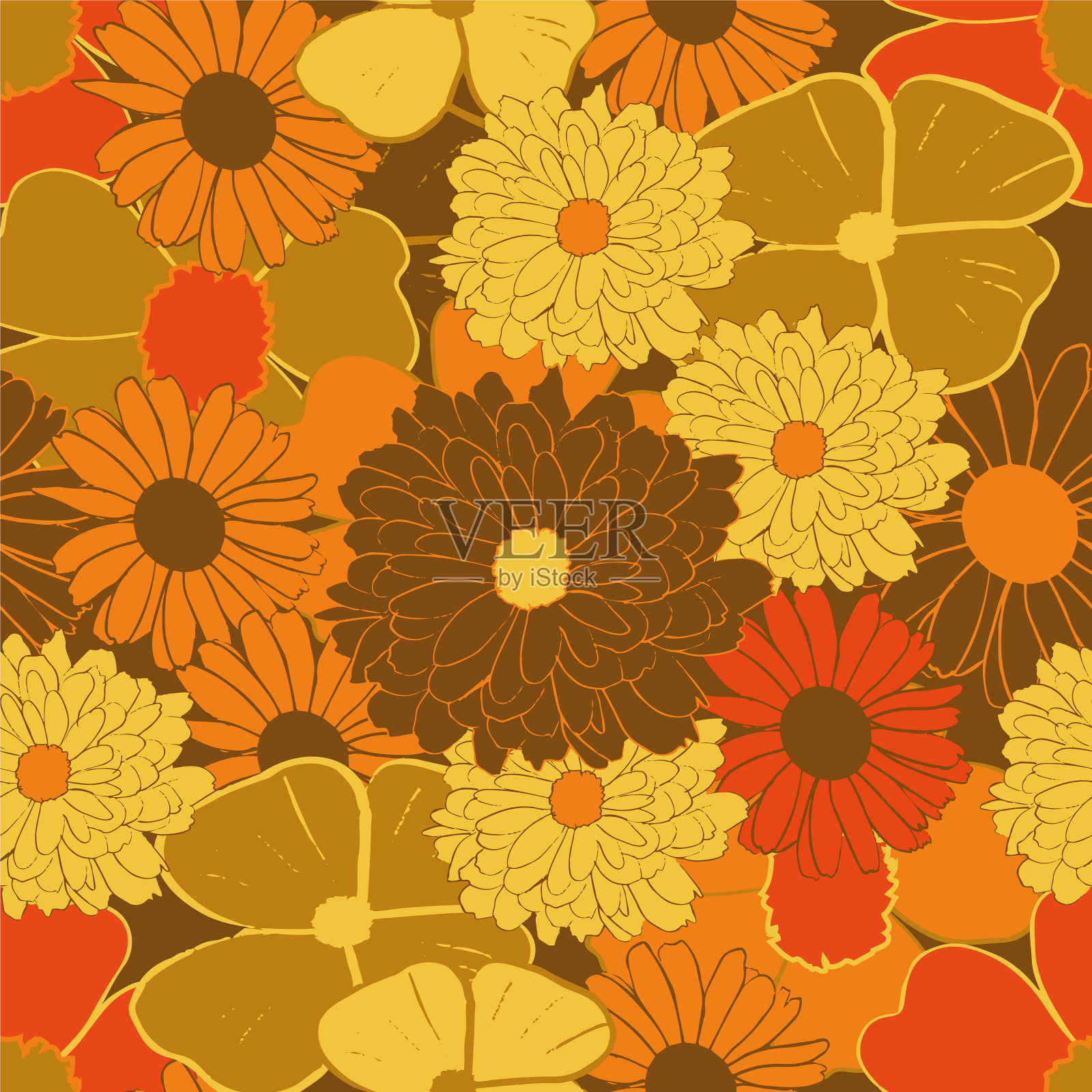 黄橙和棕色的陈年花无缝衔接插画图片素材
