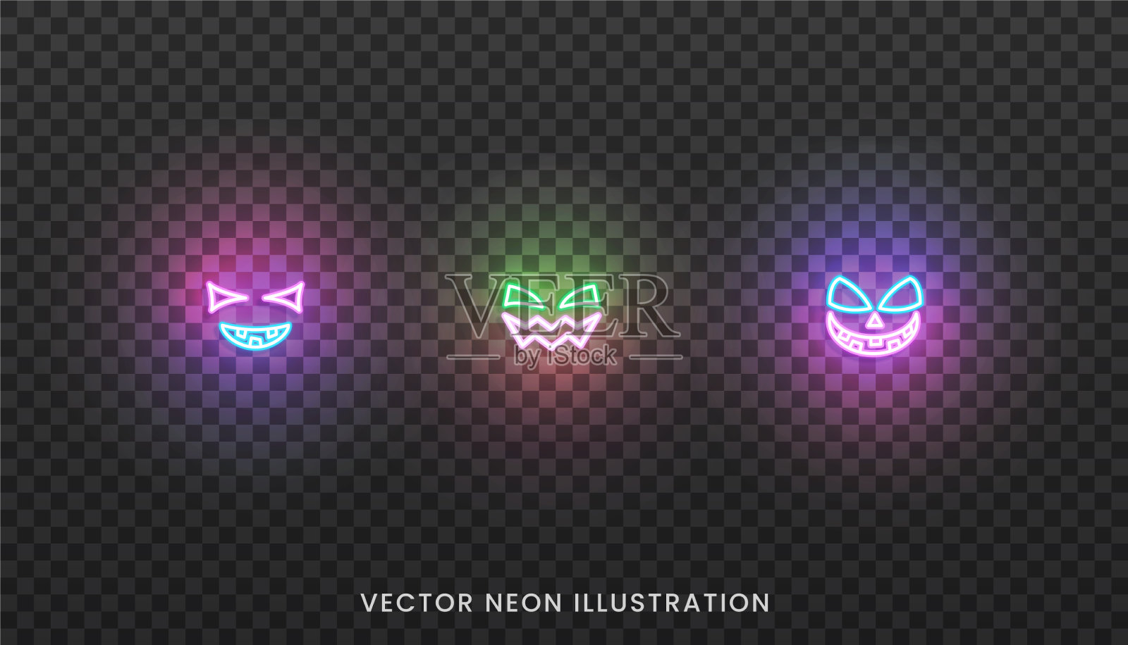 万圣节的脸霓虹灯图标设置明亮的脸图标素材