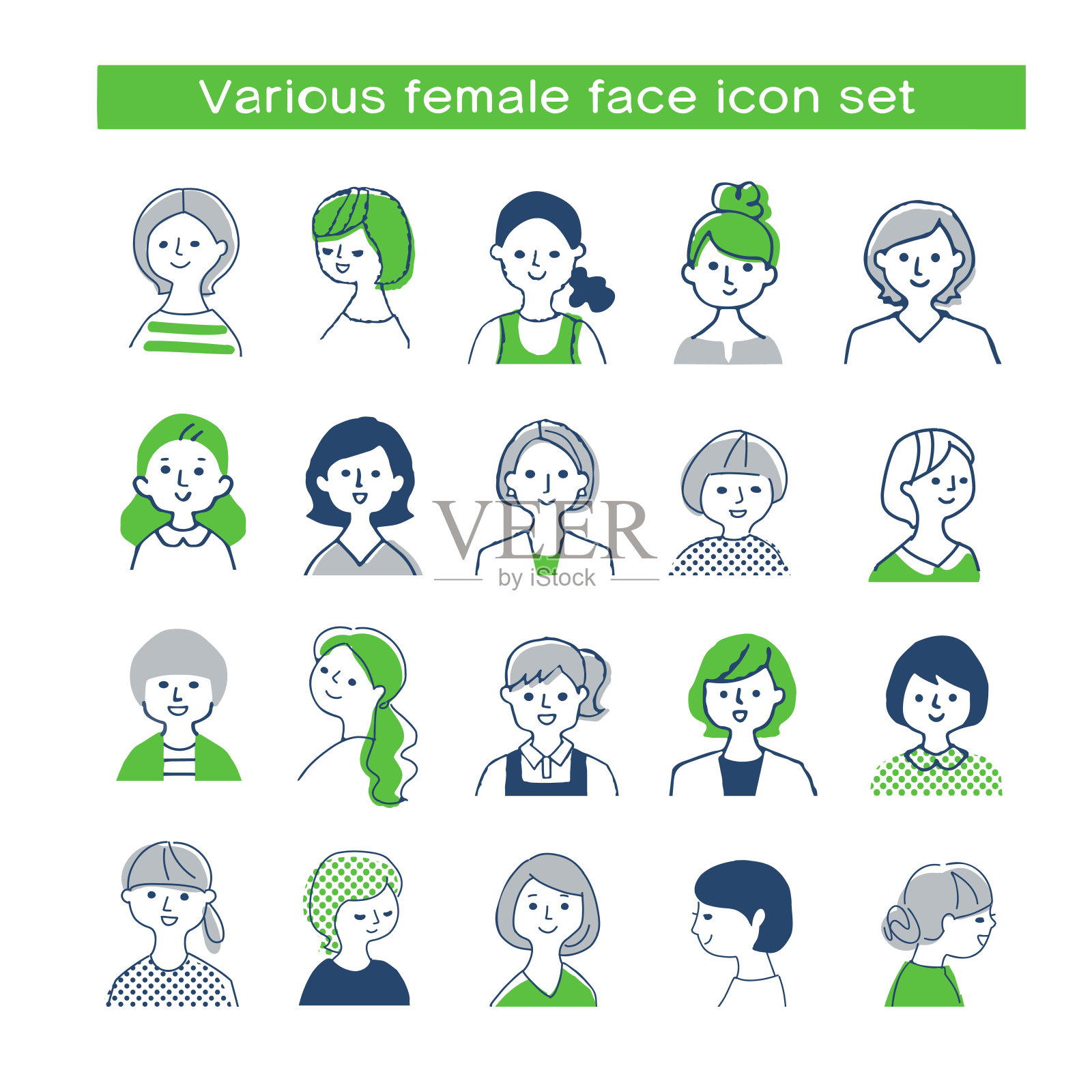 一组带有各种面部表情的性感面孔插画图片素材