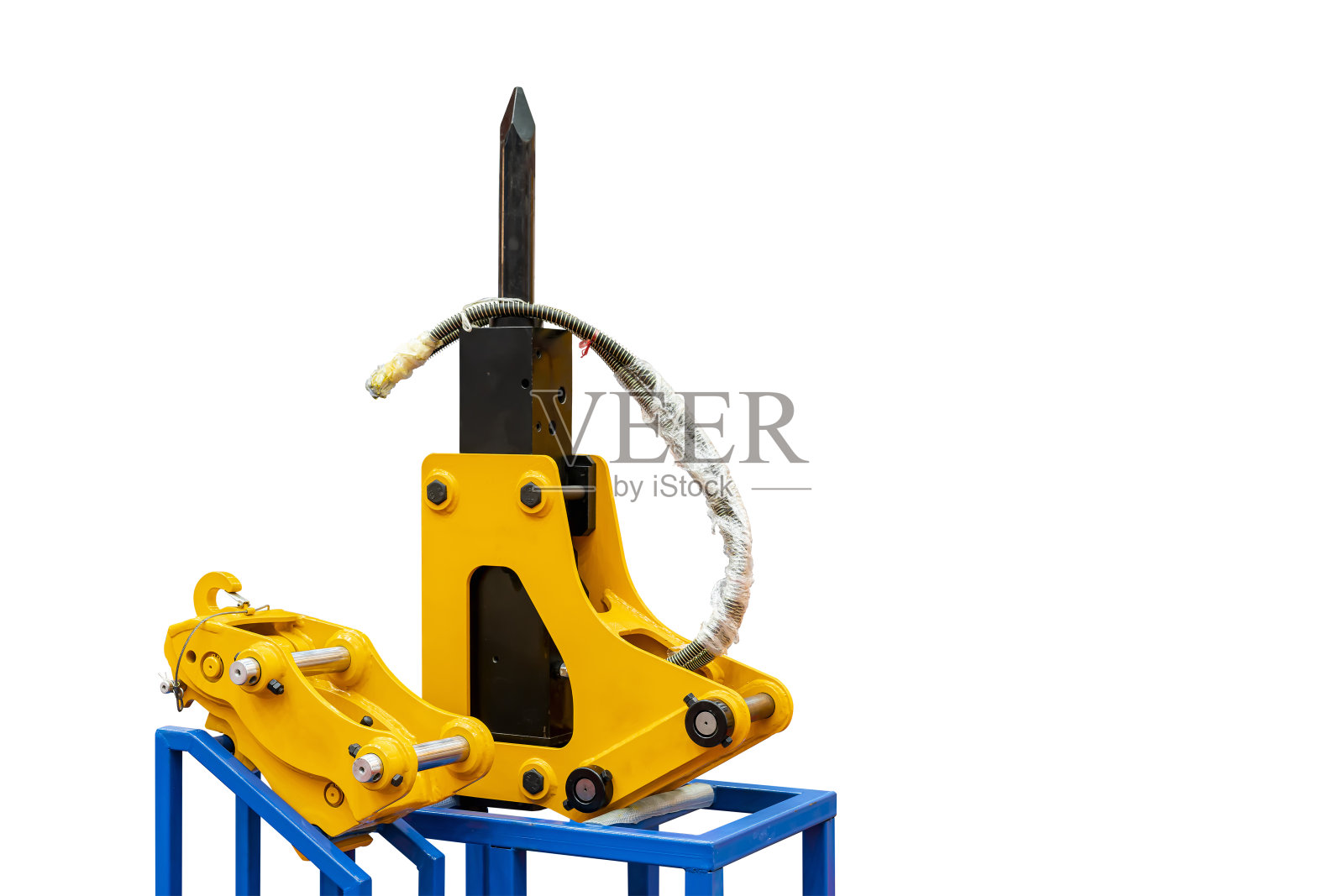 挖掘机用液压破碎千斤顶锤,用于破坏或拆除混凝土、硬岩石等,附件与切割路径隔离照片摄影图片