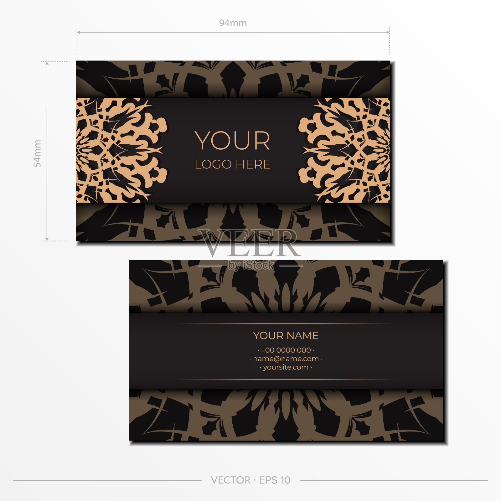 黑色名片设计与豪华的模式。向量像样的名片与复古装饰。插画图片素材