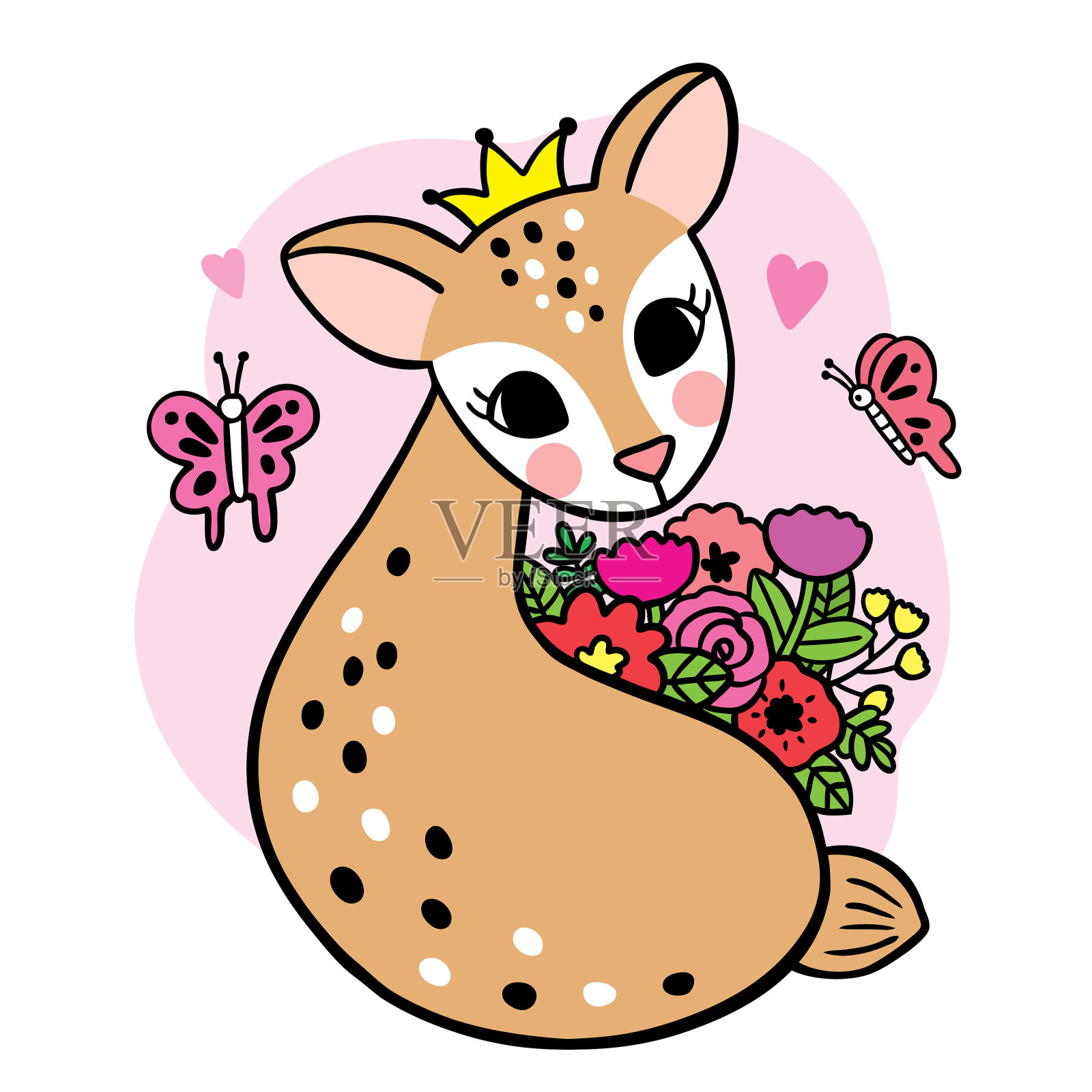 卡通可爱的鹿、蝴蝶和花插画图片素材