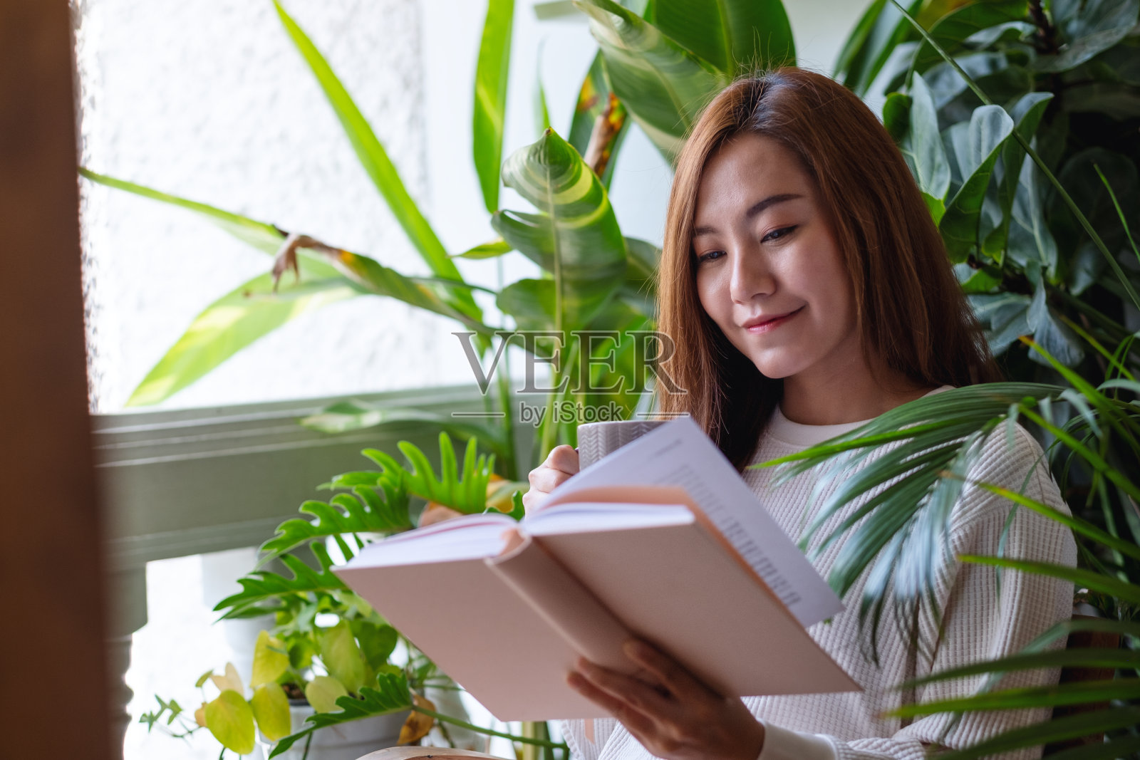 一个年轻的女人在阳台上喝咖啡,看书,家里有室内植物花园照片摄影图片