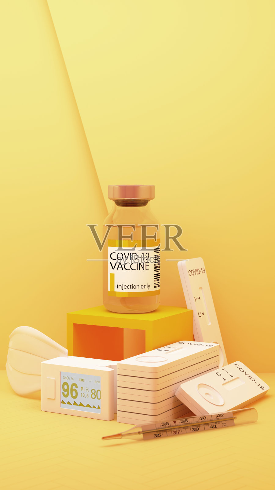 新冠病毒自检试剂盒,黄色背景,含疫苗和药物。三维渲染照片摄影图片