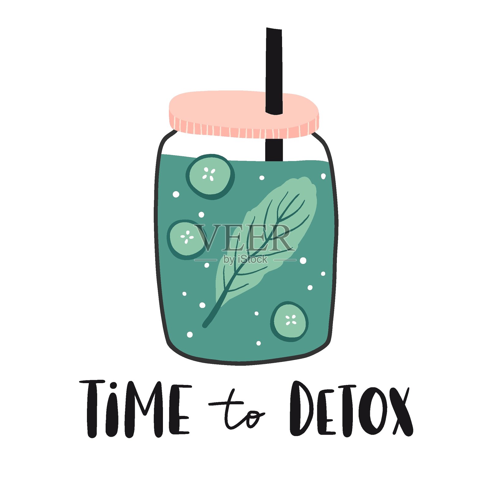 排毒的时间。绿色冰沙或果汁与吸管罐插画图片素材