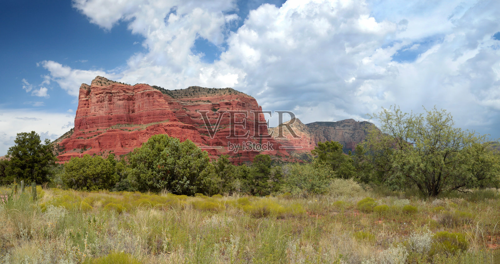亚利桑那州的塞多纳峡谷,有着壮丽的云朵,典型的沙漠植被,仙人掌和树木。照片摄影图片