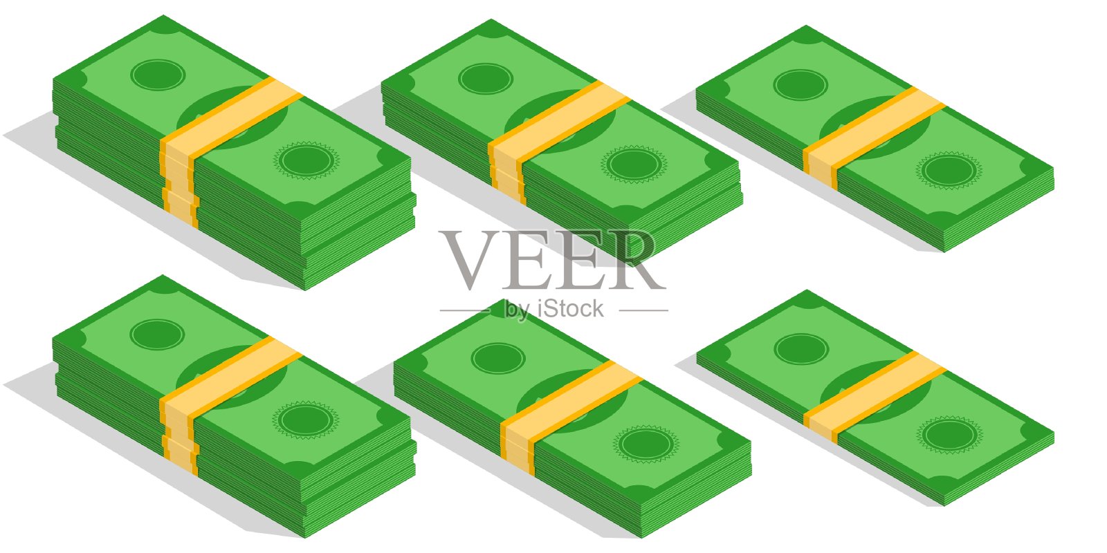 等距美元钞票在不同版本的堆叠捆。堆现金。堆栈的钱插画图片素材