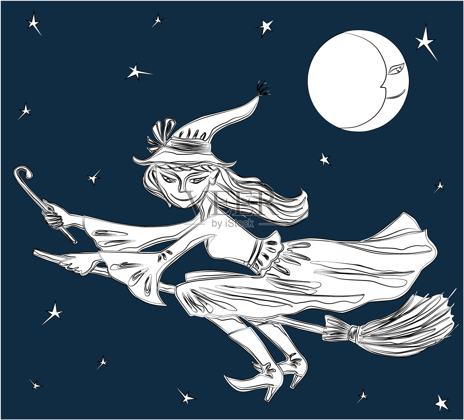 画着骑着扫帚的年轻女巫插画图片素材