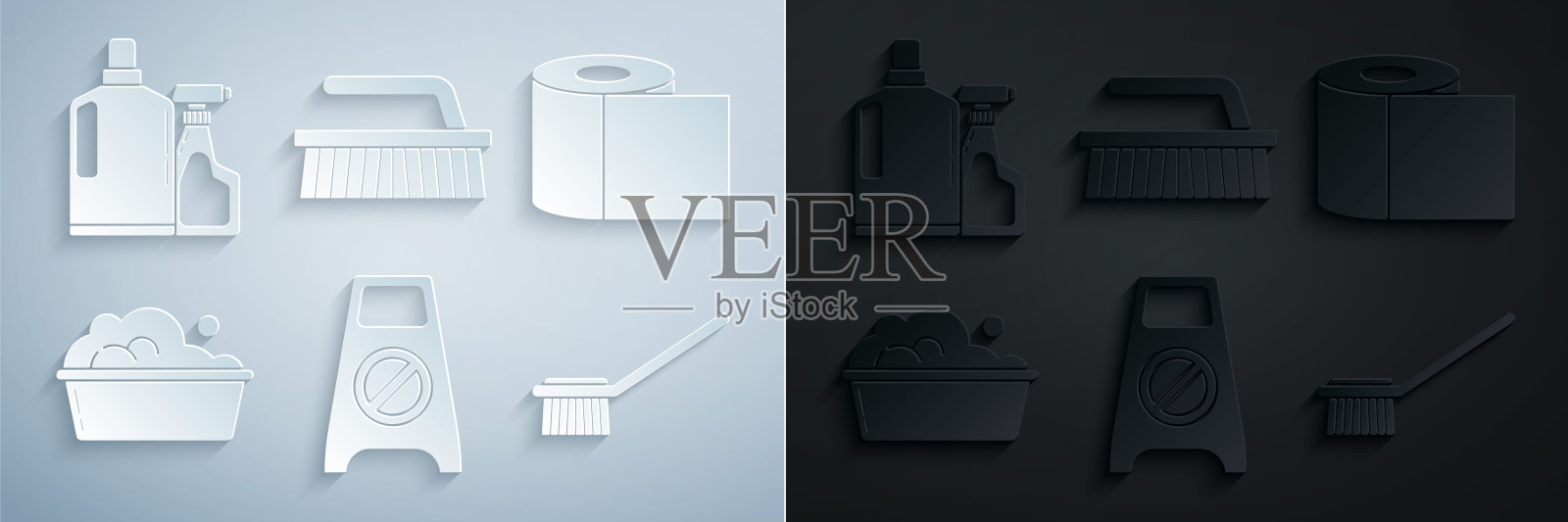 设置湿地板和清洁过程中,卫生纸卷,塑料盆与肥皂泡沫,刷,刷液和瓶子洗碗液图标。向量图标素材