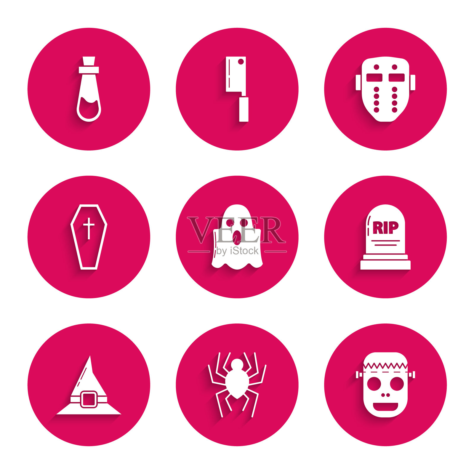 设置Ghost, Spider, Zombie mask, Tombstone with RIP, Witch hat, Coffin christian cross, Hockey and Bottle potion icon。向量图标素材