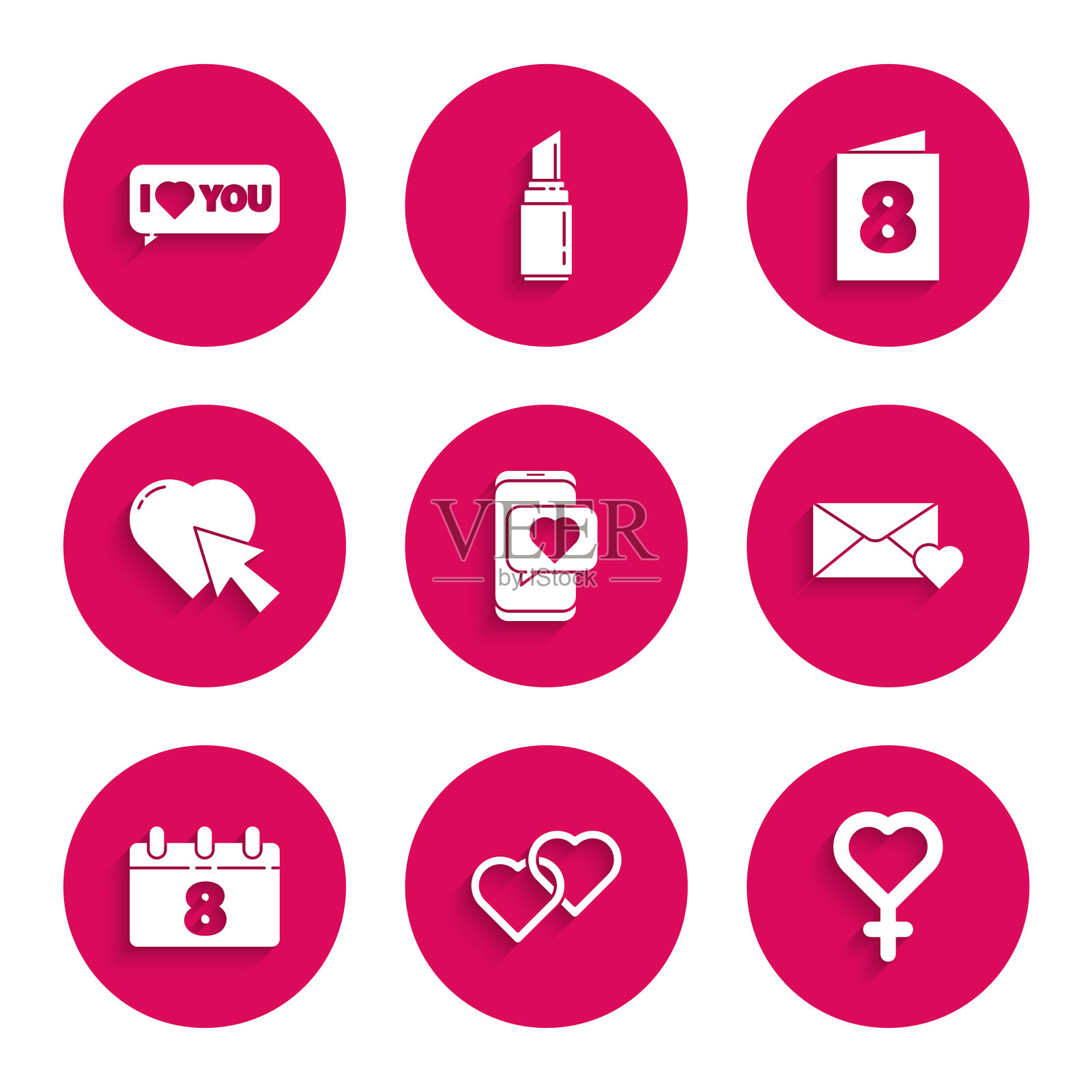 设置在线约会应用程序和聊天,两颗相连的心,女性性别符号,信封与3月8日,日历,光标点击,贺卡和演讲气泡我爱你图标。向量图标素材