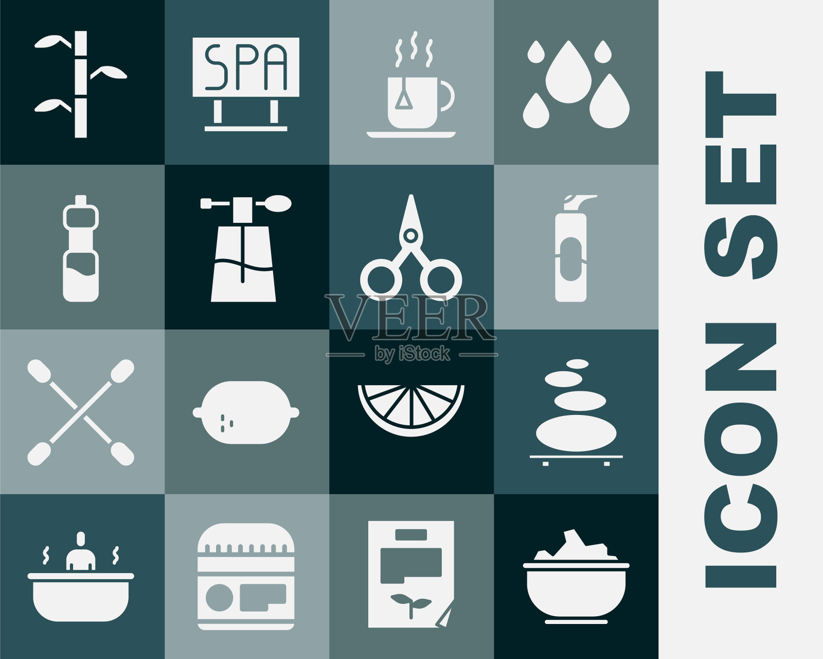 在碗里放海盐,堆热石头,喷发胶罐,一杯茶和茶包,香水,水瓶水,竹茎叶和剪刀图标。向量图标素材