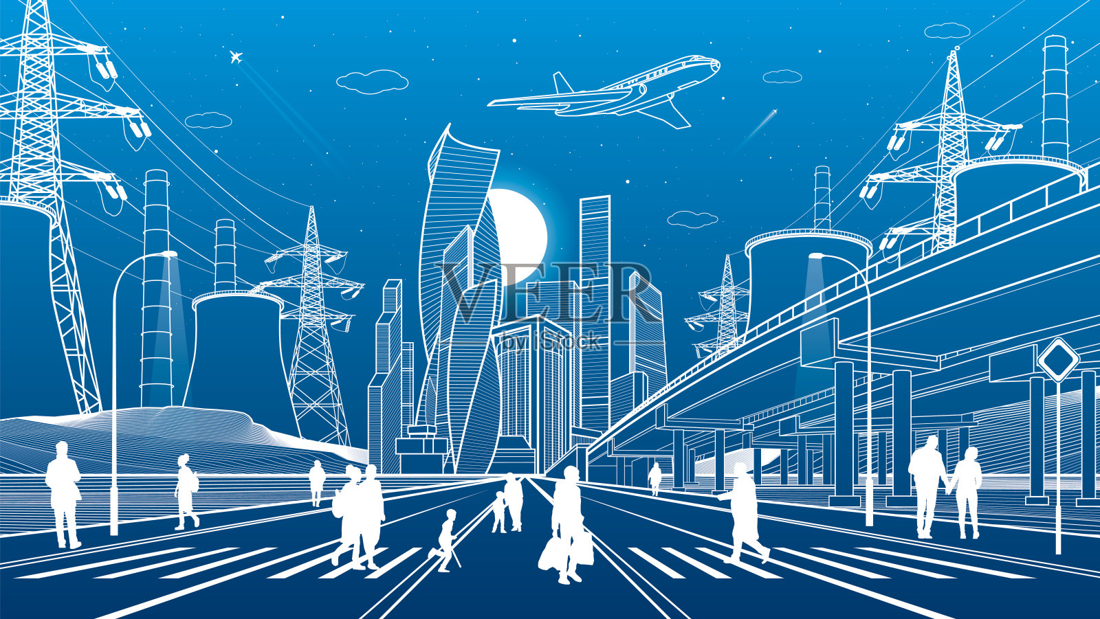 桥下的公路。现代夜城,霓虹灯城。汽车天桥。人们走在街上。基础设施概述插图,城市场景。蓝底白线。矢量设计艺术插画图片素材