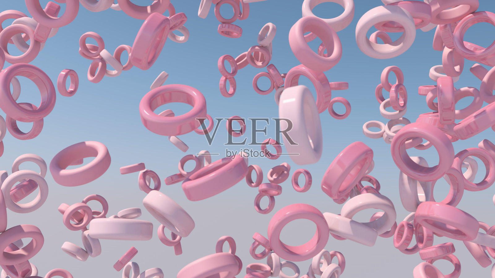 粉红色的圆圈在天空中飞舞。硬光。抽象插图,3d渲染。照片摄影图片