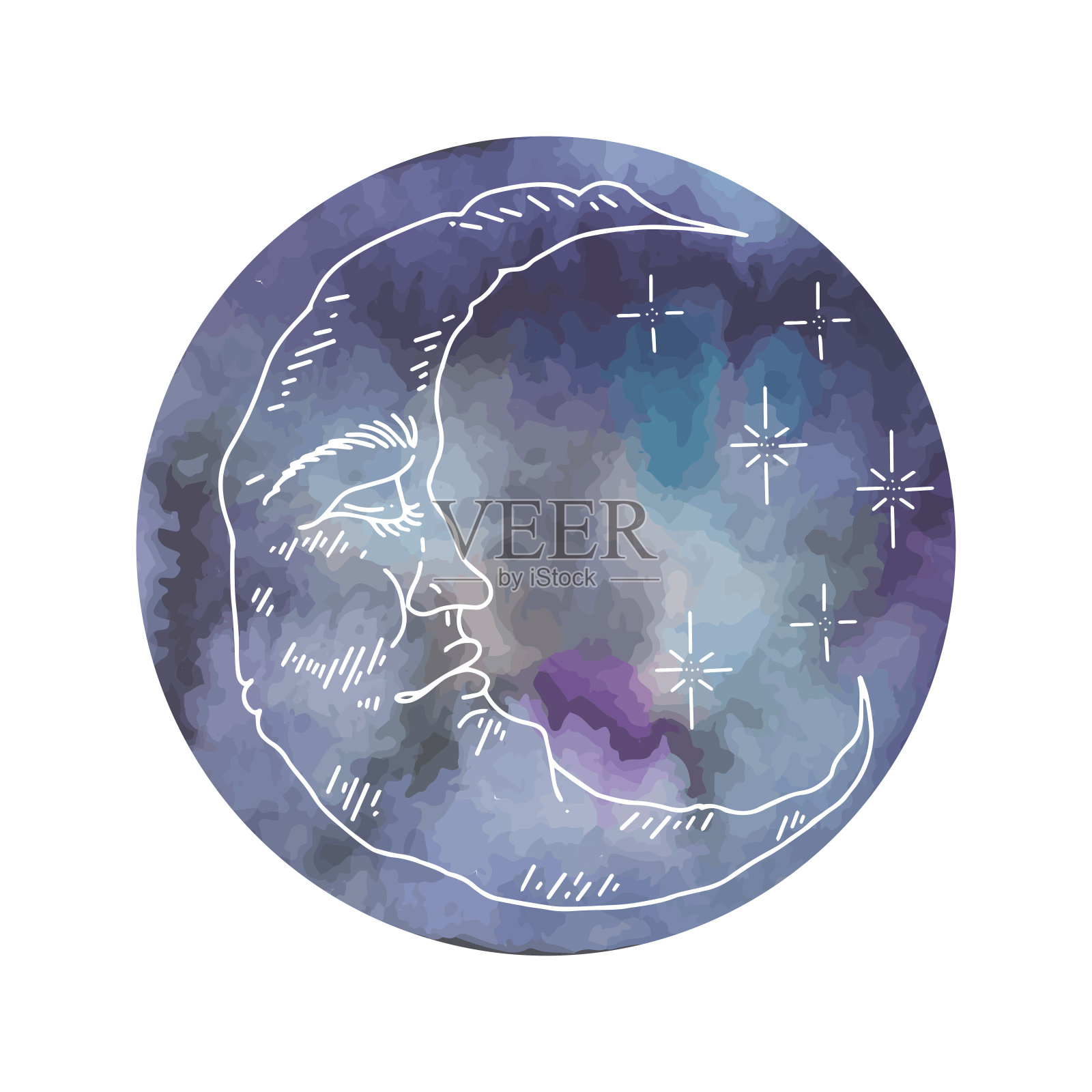 矢量图形的云和星星与水彩月亮。孤立向量插图字符集。图形新月与脸,手绘雕刻风格。占星术、炼金术和魔术符号。插画图片素材