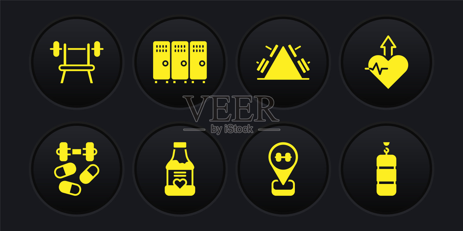 设置运动兴奋剂与哑铃,心跳增加,维生素,位置健身房,金属架重量,更衣室更衣室,沙袋和杠铃图标。向量图标素材
