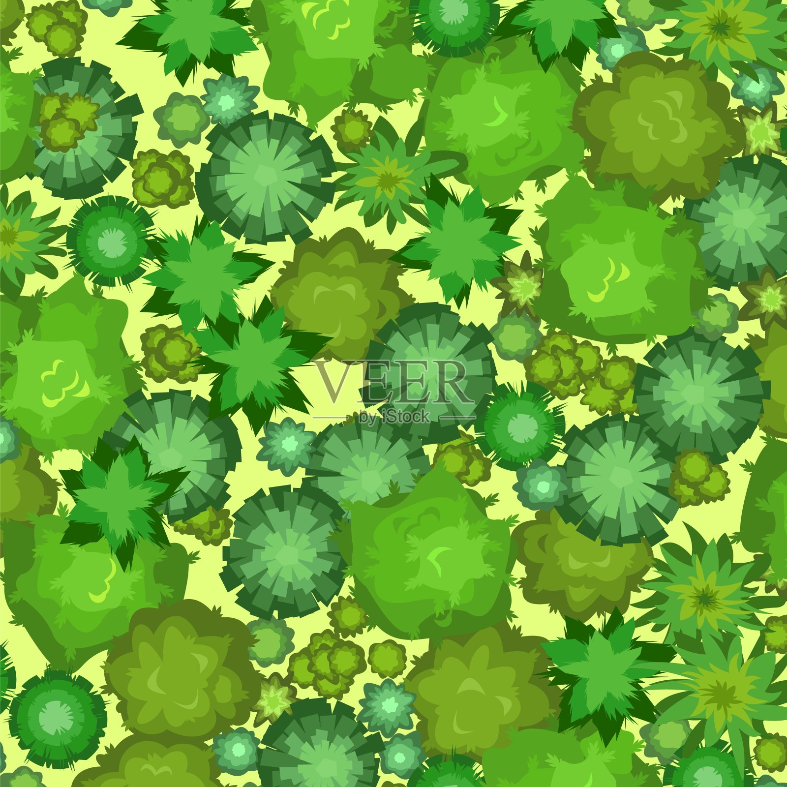 夏天自然景观。从以上观点。绿色的树冠和灌木丛。落叶林。前视图。背景插图在平面风格。向量插画图片素材