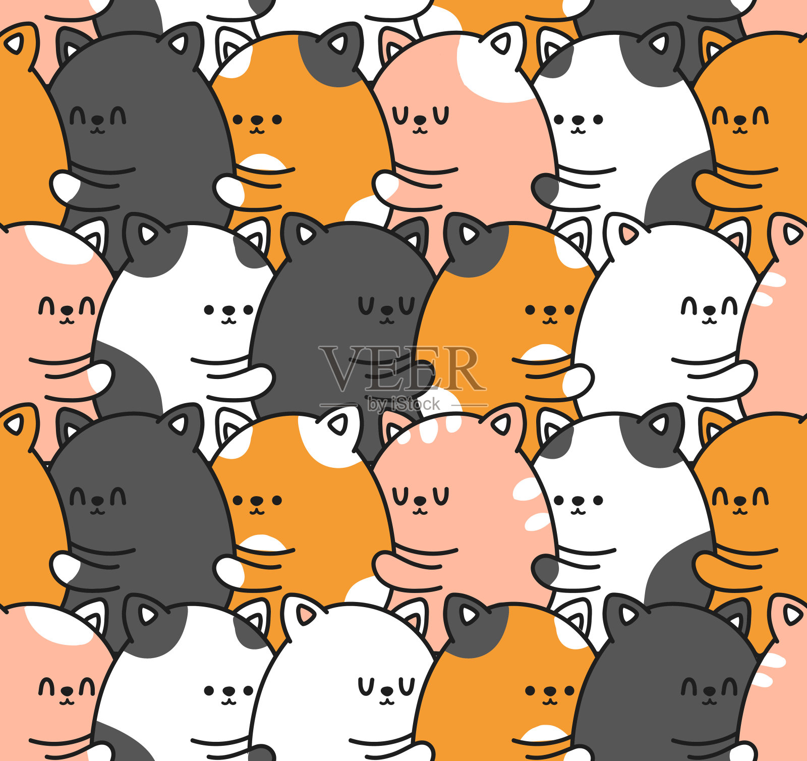 可爱有趣的微笑小猫小猫拥抱无缝模式。矢量涂鸦卡通卡哇伊人物插图图标设计。积极的微笑可爱的卡哇伊猫在爱的拥抱卡通无缝模式概念插画图片素材