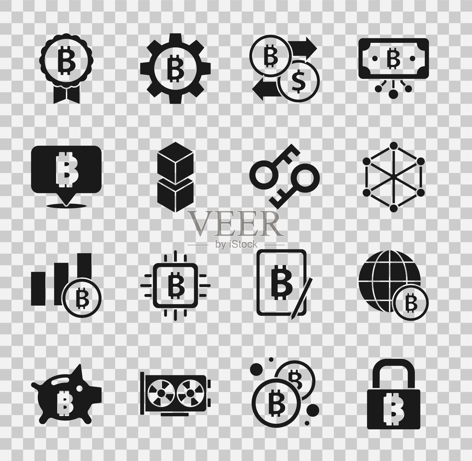 设置锁定与比特币,全球比特币,区块链技术,加密货币交易所,和关键图标。向量图标素材