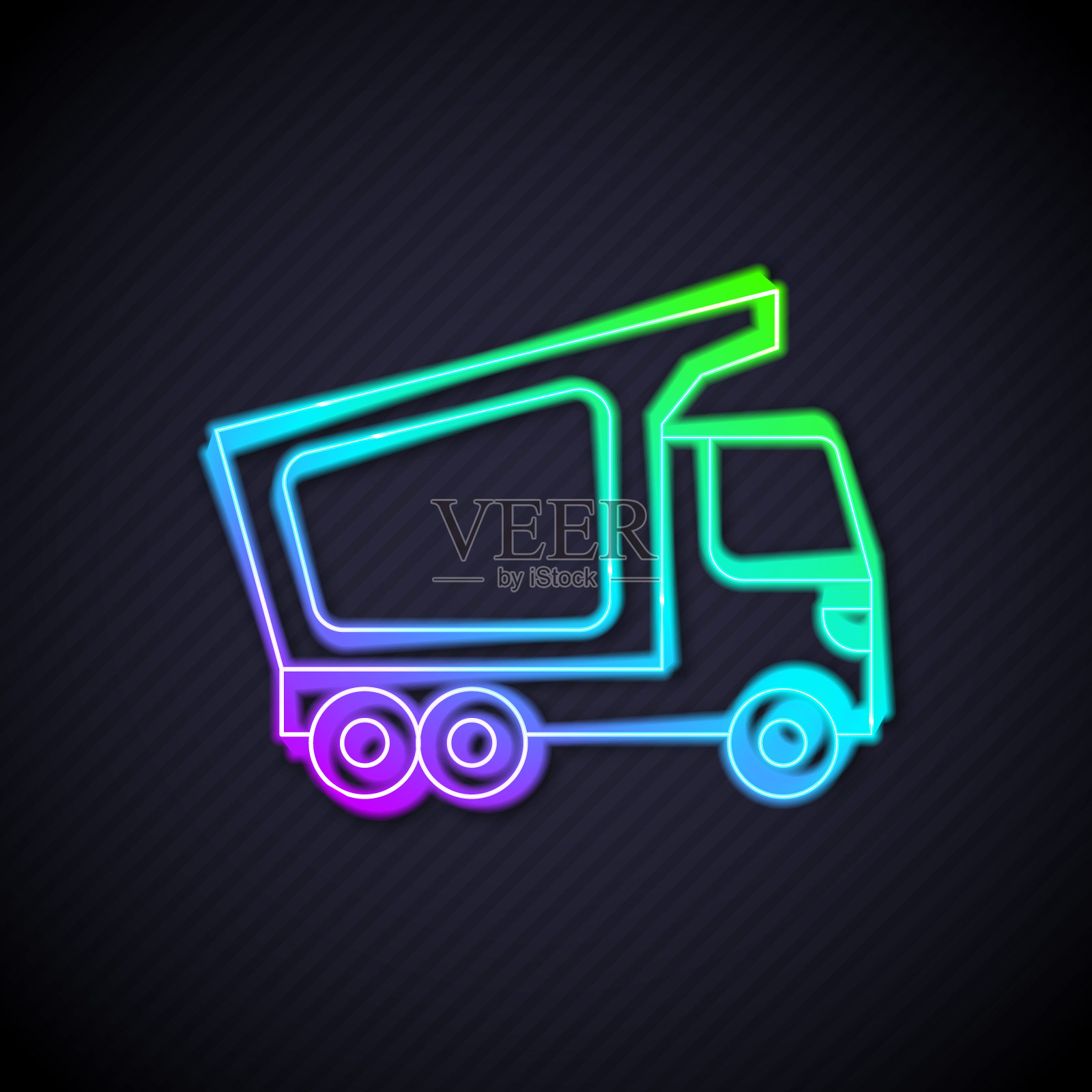 发光的霓虹灯线交付货物卡车车辆图标孤立在黑色背景。向量插画图片素材