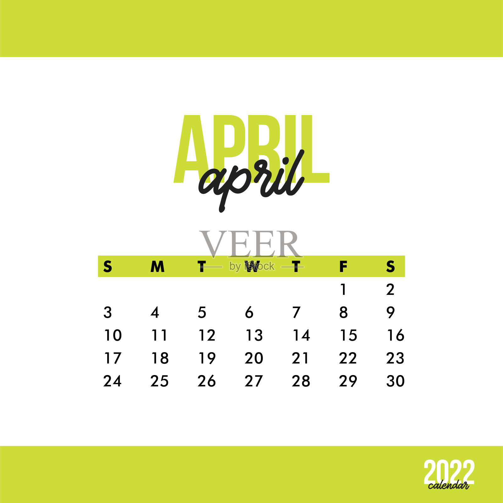 2022年4月日历。日历贴纸设计模板。星期从星期天开始。业务矢量图设计模板素材