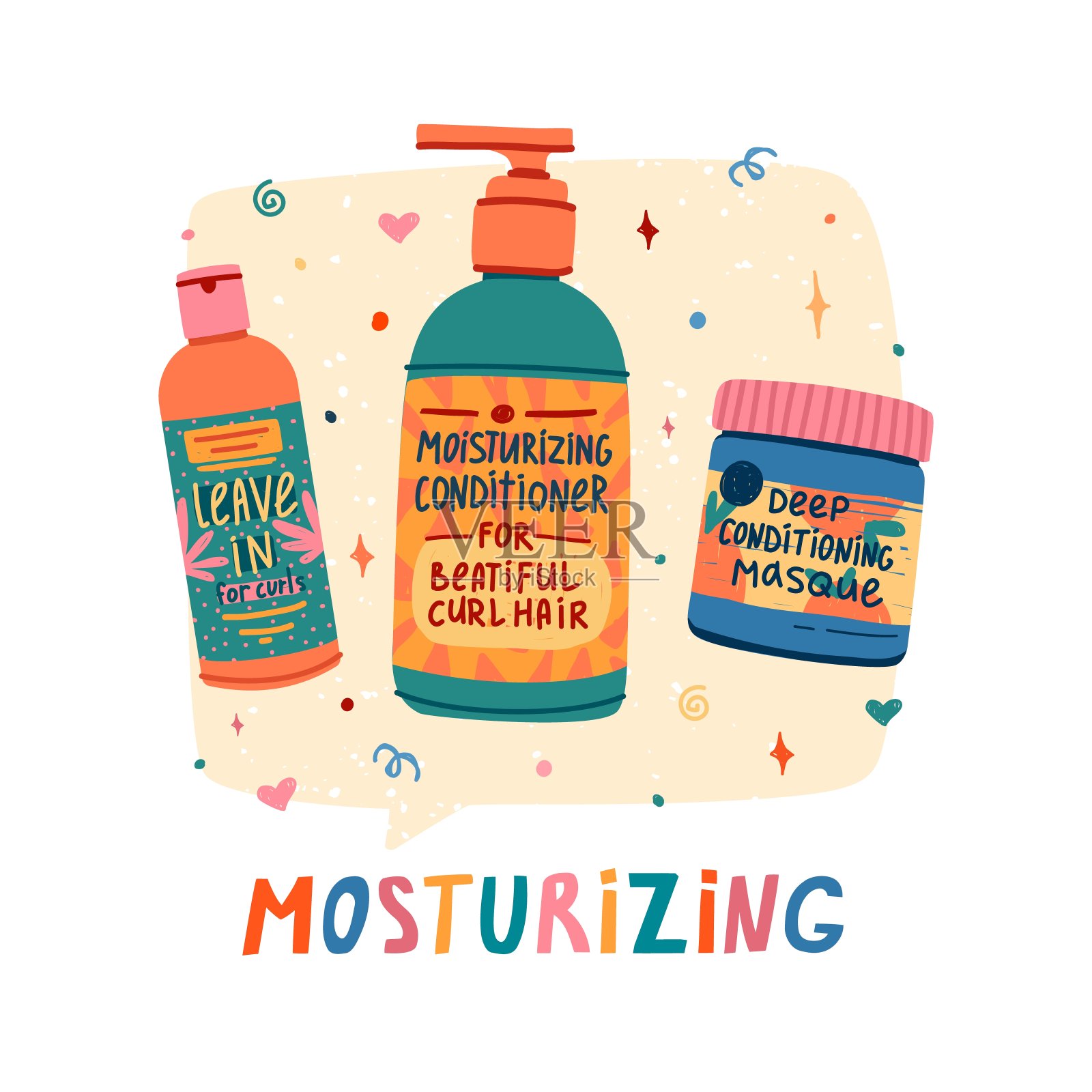 卷发化妆品插图。概念卷曲女孩的方法。瓶状护发素,免洗,保湿面膜。概念设计到头发护理。向量插画图片素材