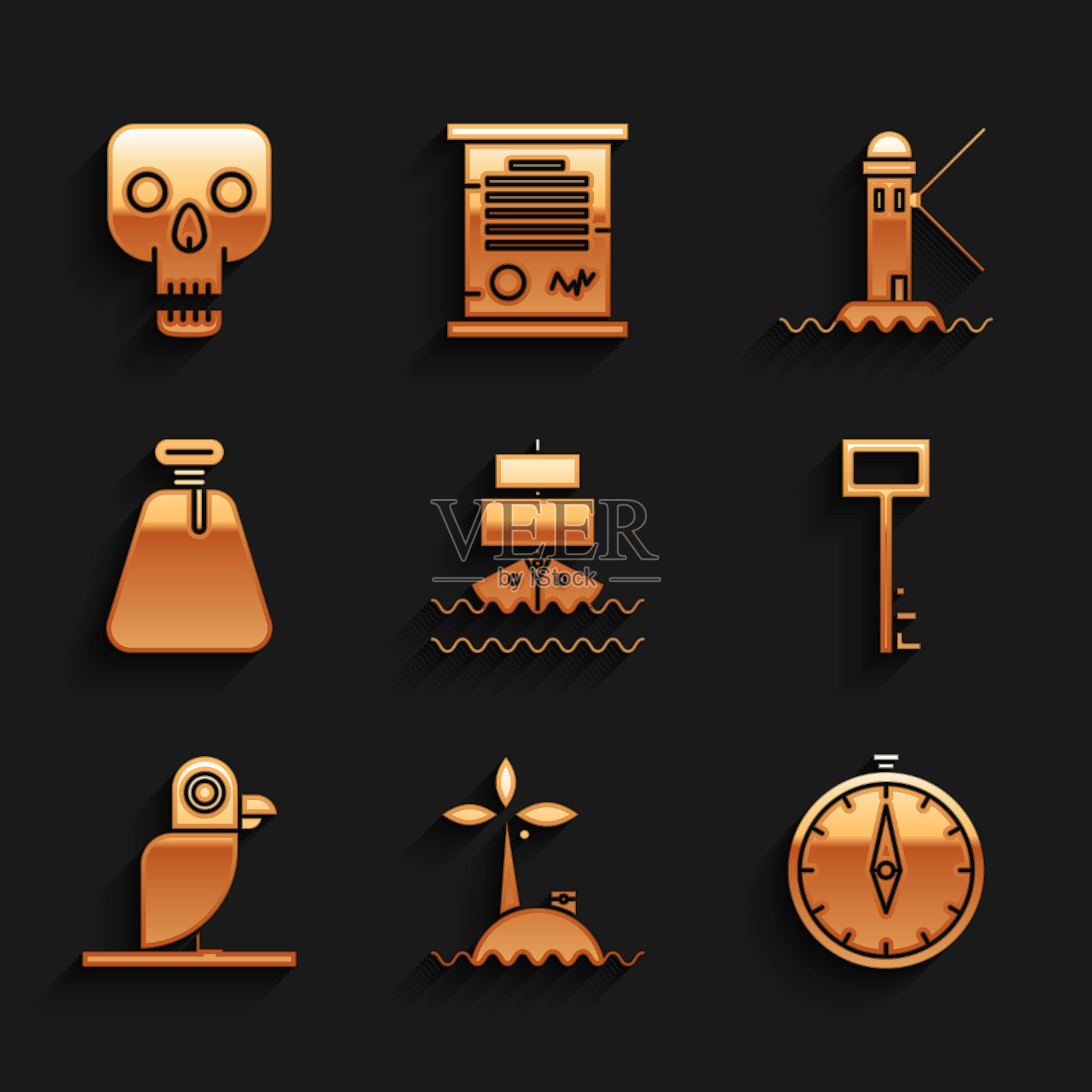 设置船,海洋中的热带岛屿,指南针,海盗钥匙,鹦鹉,麻袋,灯塔和骷髅图标。向量图标素材