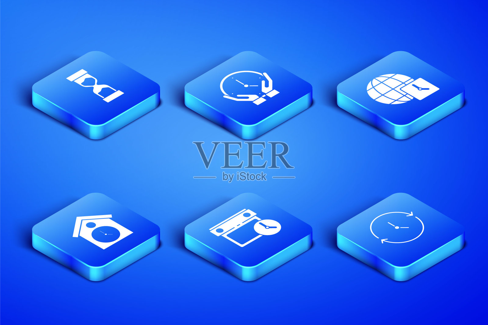 设置时钟,旧沙漏,日历和时钟,复古手表,和世界时间图标。向量图标素材