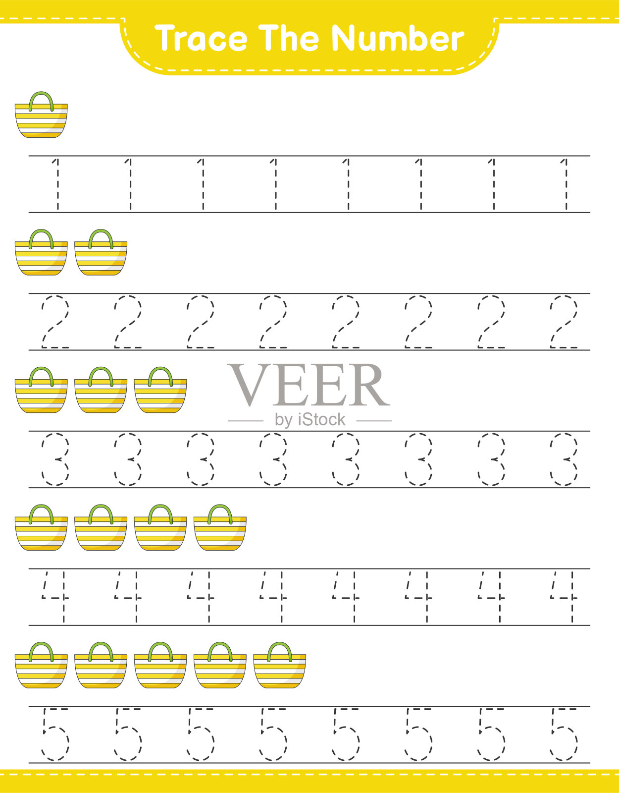 跟踪号码。用沙滩包追踪号码。教育儿童游戏,可打印的工作表,矢量插图插画图片素材